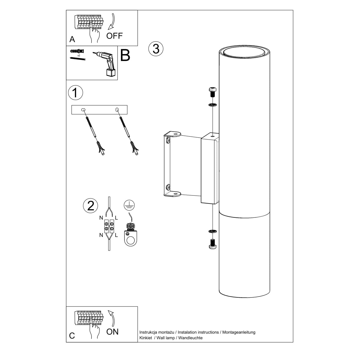 Applique Murale Tube Duo Metallic Acier Noir et Chrome